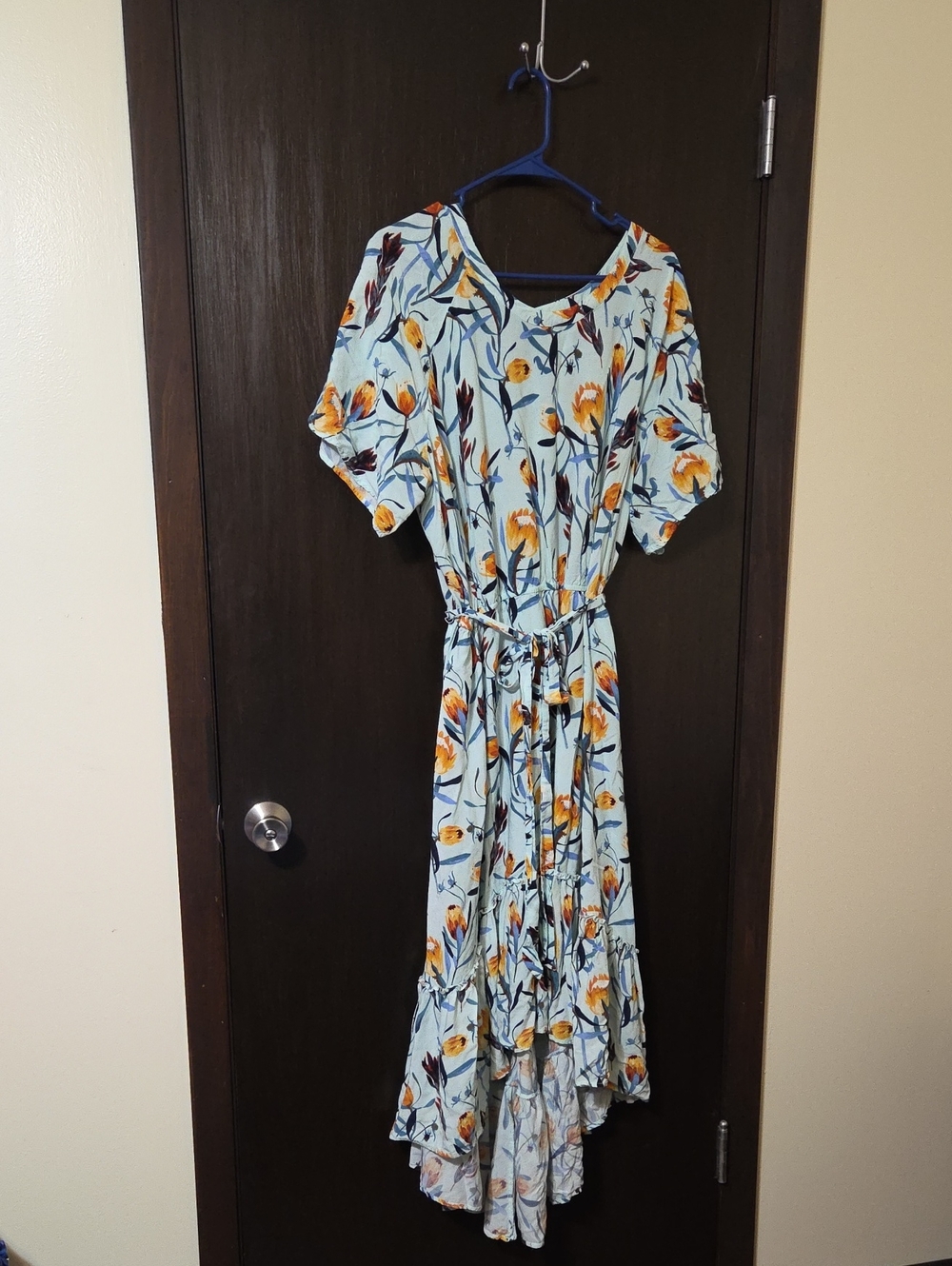 Ava & Viv Light Blue/yellow  high low floral dress with tie 2X